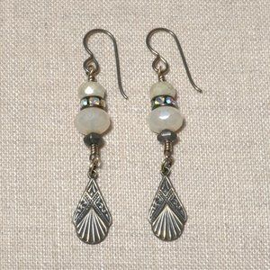 Hand Crafted Handmade Earrings Cream Czech Glass Art Deco Dangle Long Ea…